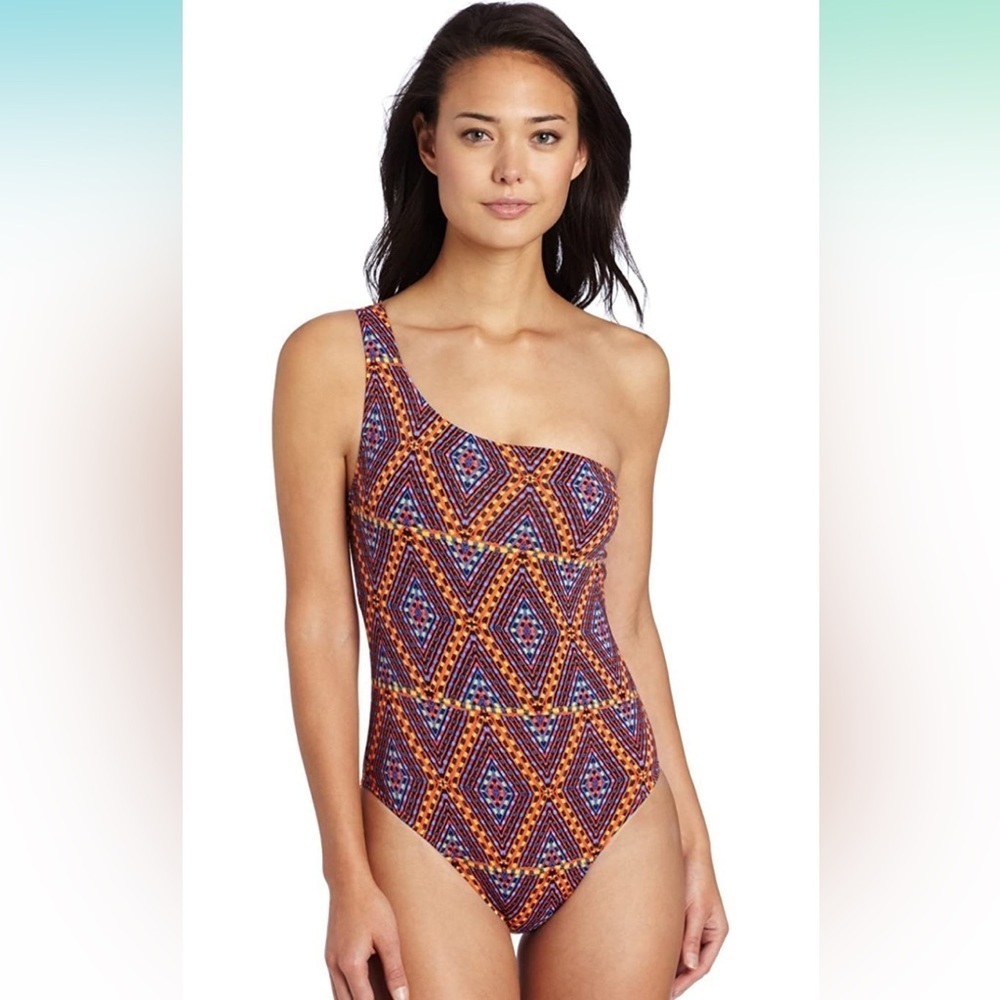 ECHO NWT swimsuit one piece one shoulder size 8 medium geometric print orange
